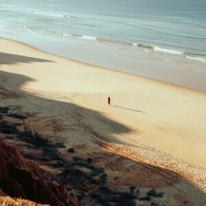 A person stands alone on a vast beach.